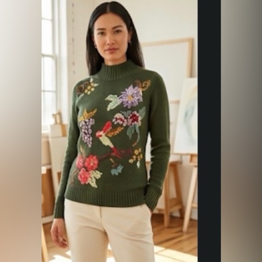 Olive Floral Embroidered Mock Neck Sweater